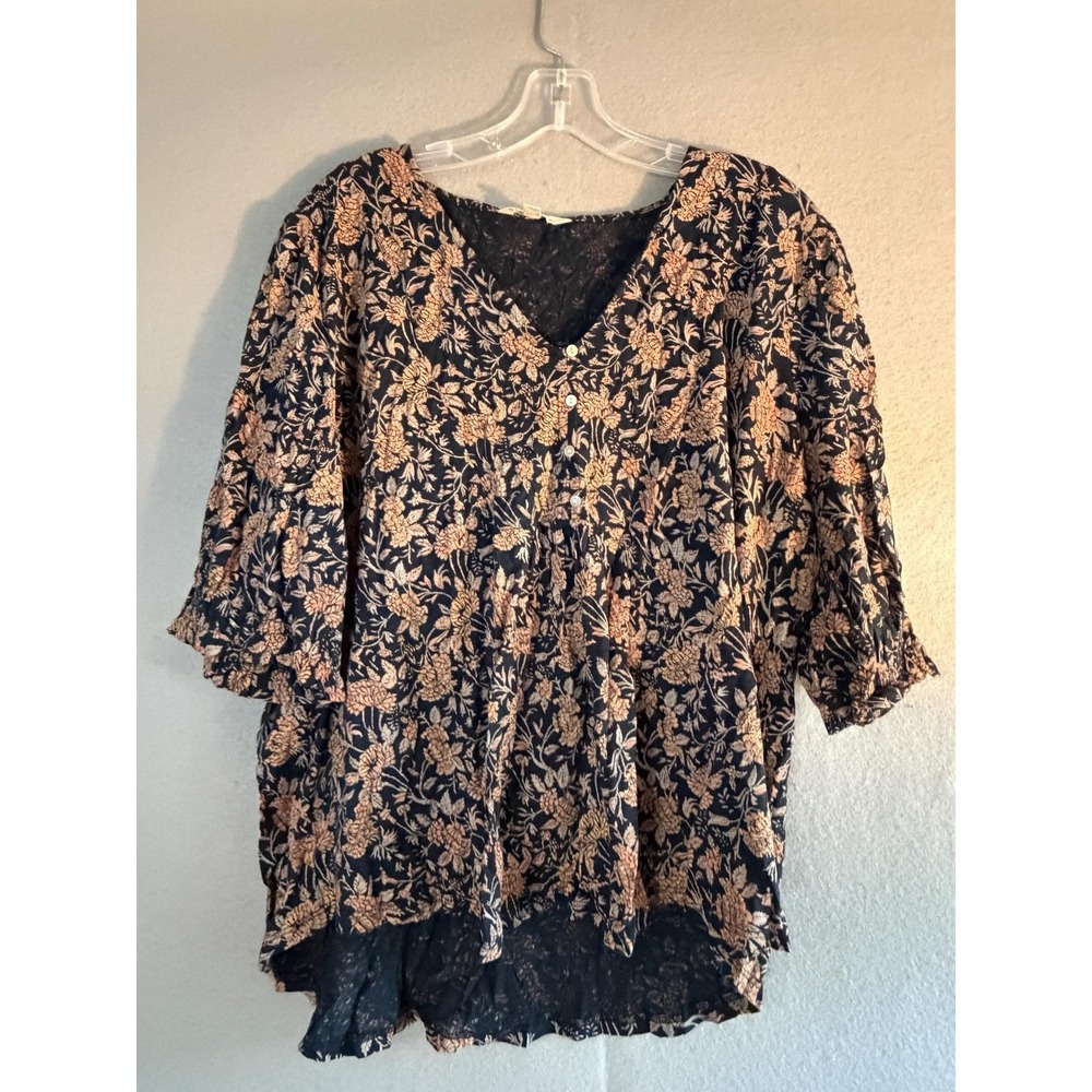 Lucky Brand Blouse Womens XL Blue Floral V Neck 3/4 Sleeve Tunic Top Boho